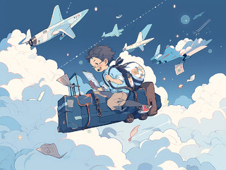 卡通插画学生乘坐铅笔书本飞行概念